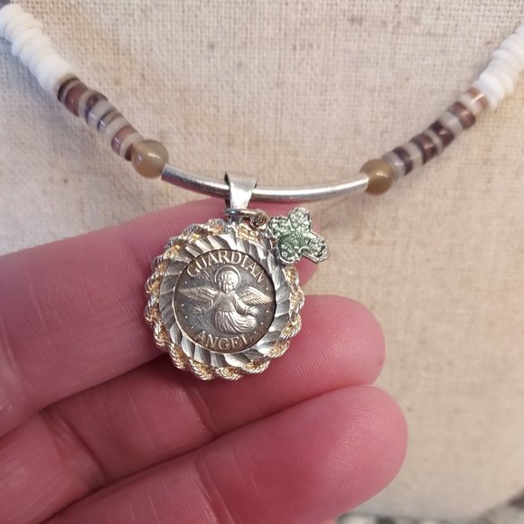 .999 Guardian Angel with tiny enamel cross on puka/ heishi and stone necklace - Picture 2 of 8